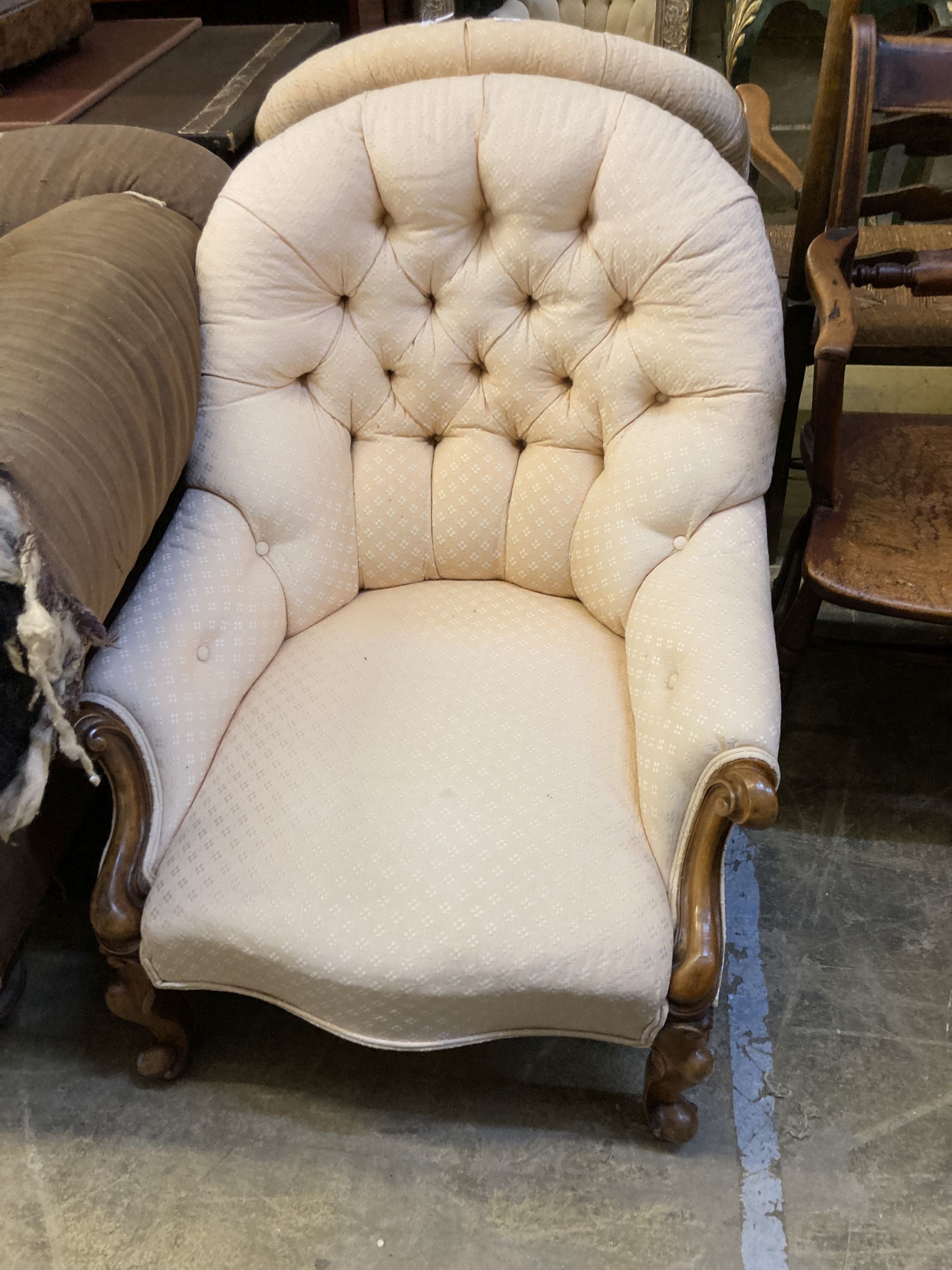 Two Victorian upholstered spoon back buttoned armchairs, larger width 70cm, depth 70cm, height 87cm